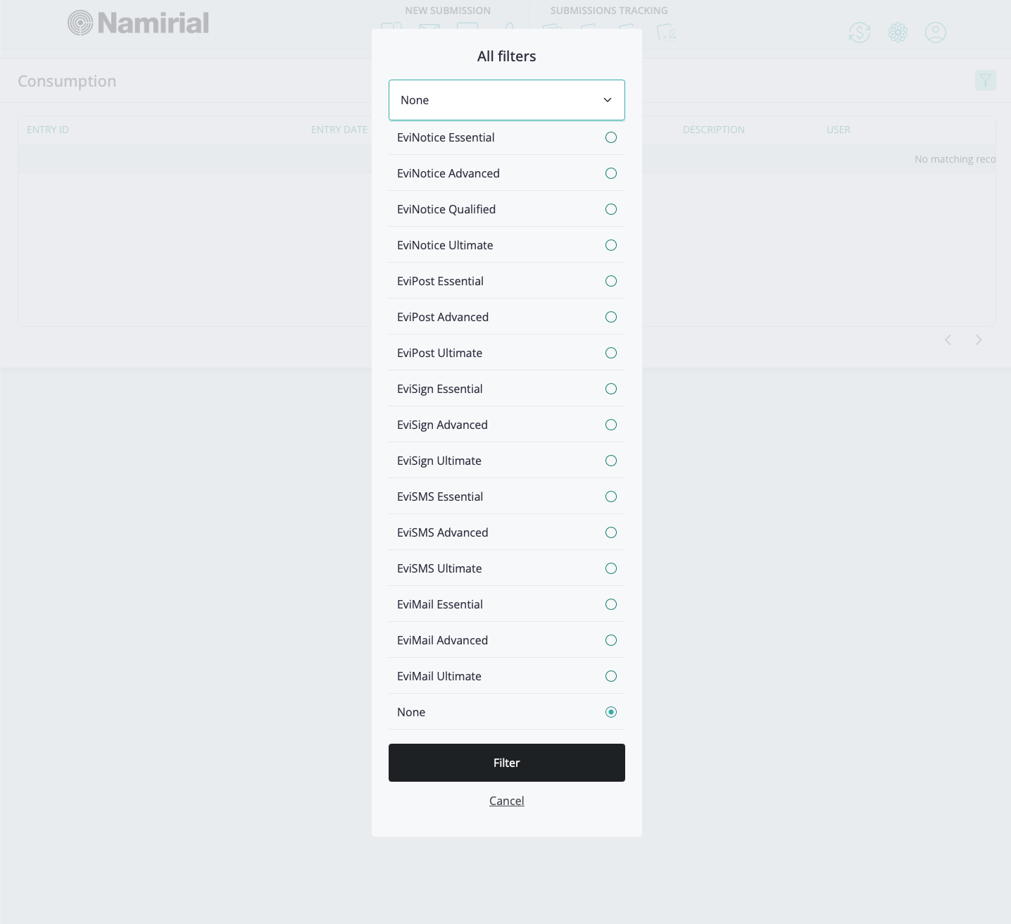 Consumption history filter showing the product or charging-modality options used to review matching entries