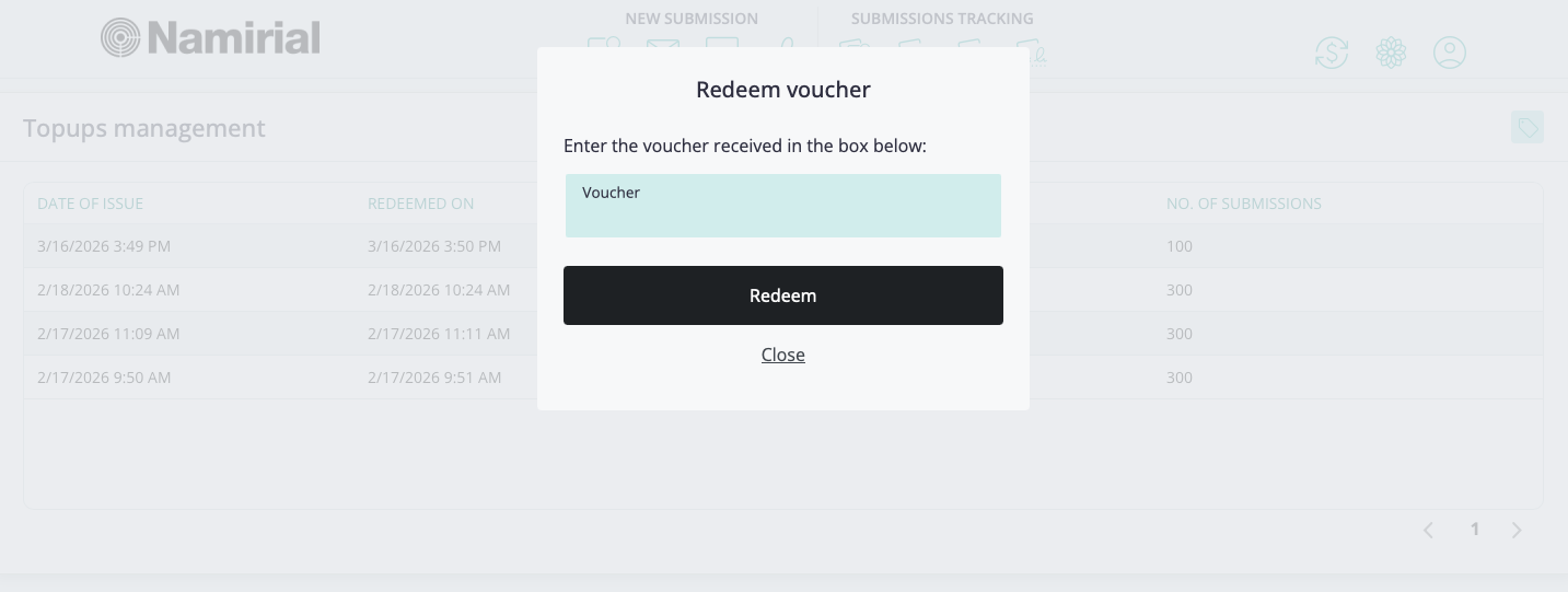 Redeem voucher modal showing the Voucher field and Redeem action