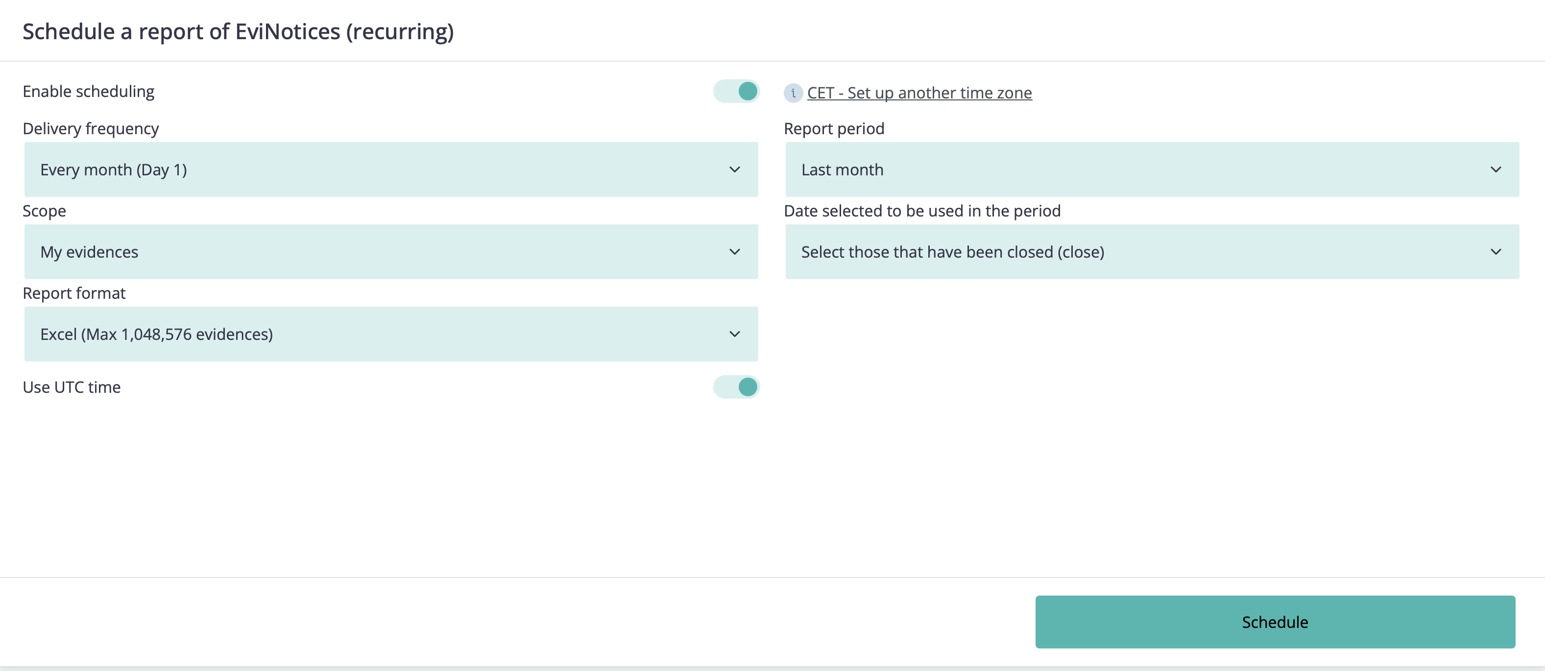 Scheduled report dialog showing delivery frequency, report period, scope, UTC option, and format fields
