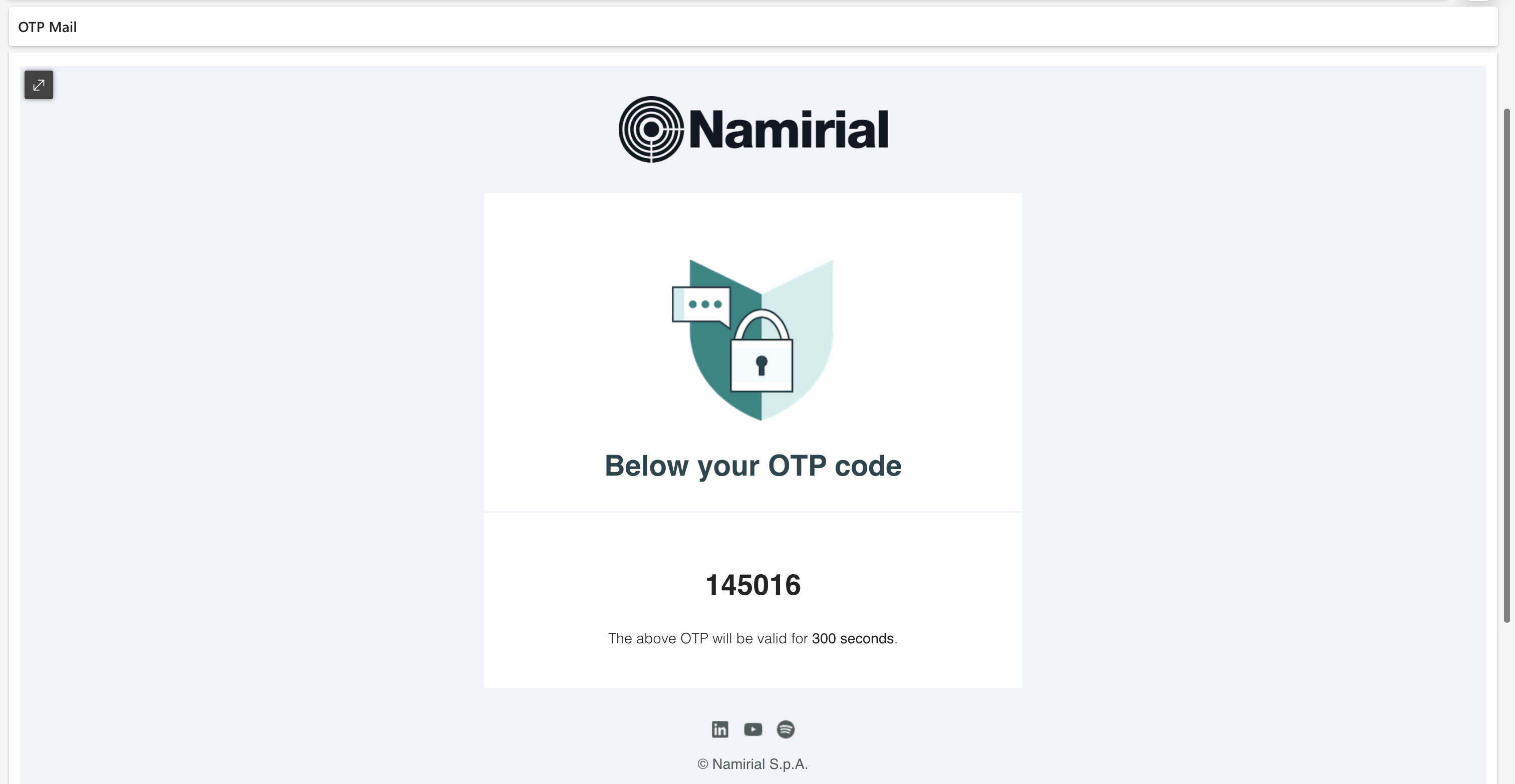 Email OTP di esempio con il periodo di validità indicato.