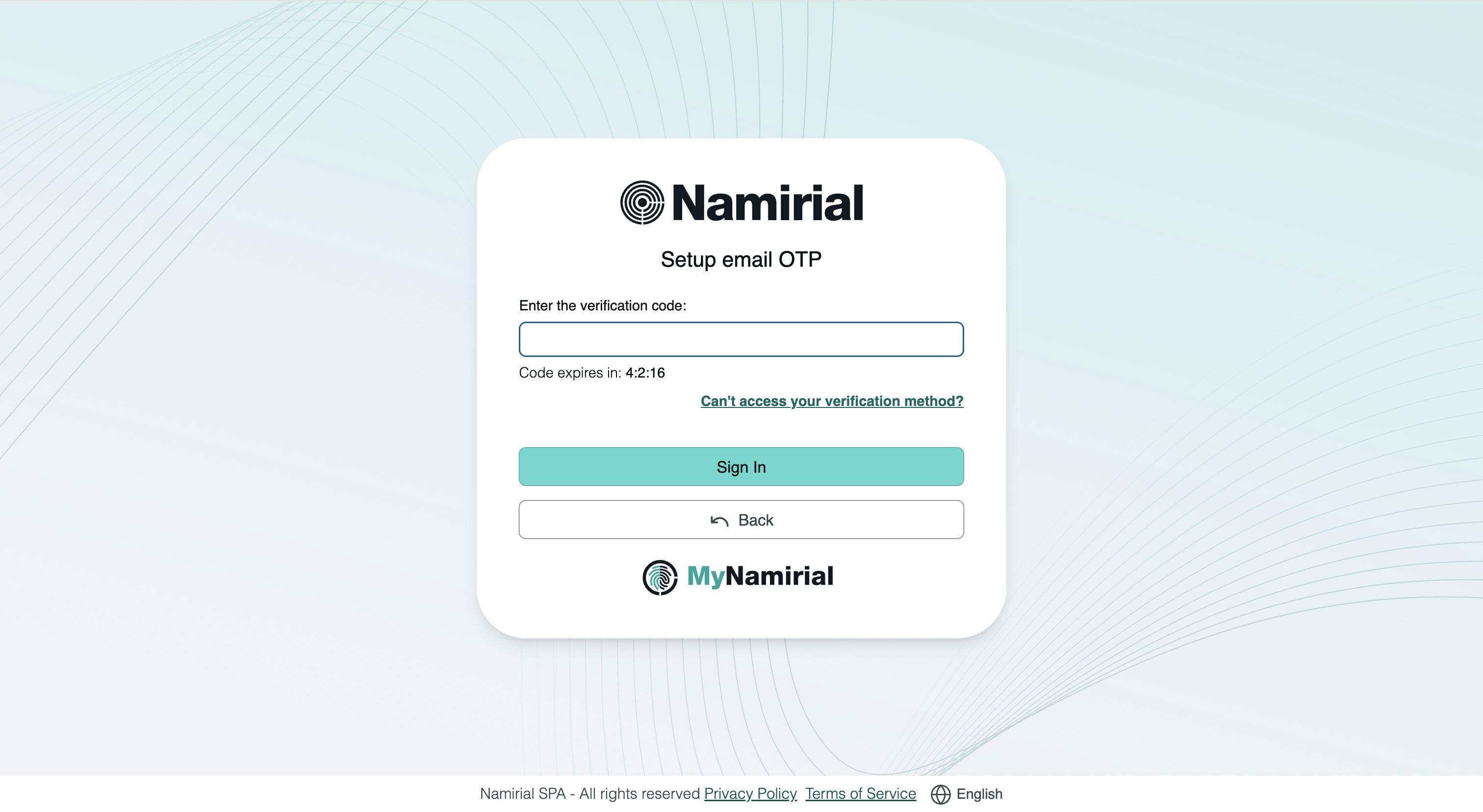 Inserisci il codice email per completare Setup email OTP.