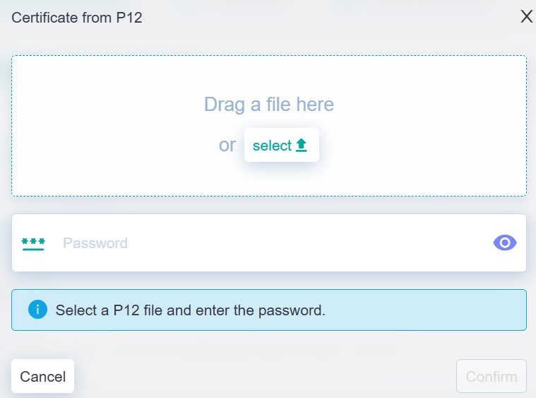 Personal Area - Devices and Certificates - Add P12.