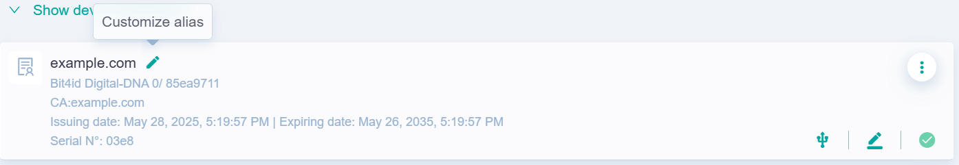 Personal Area - Devices and Certificates - Alias
