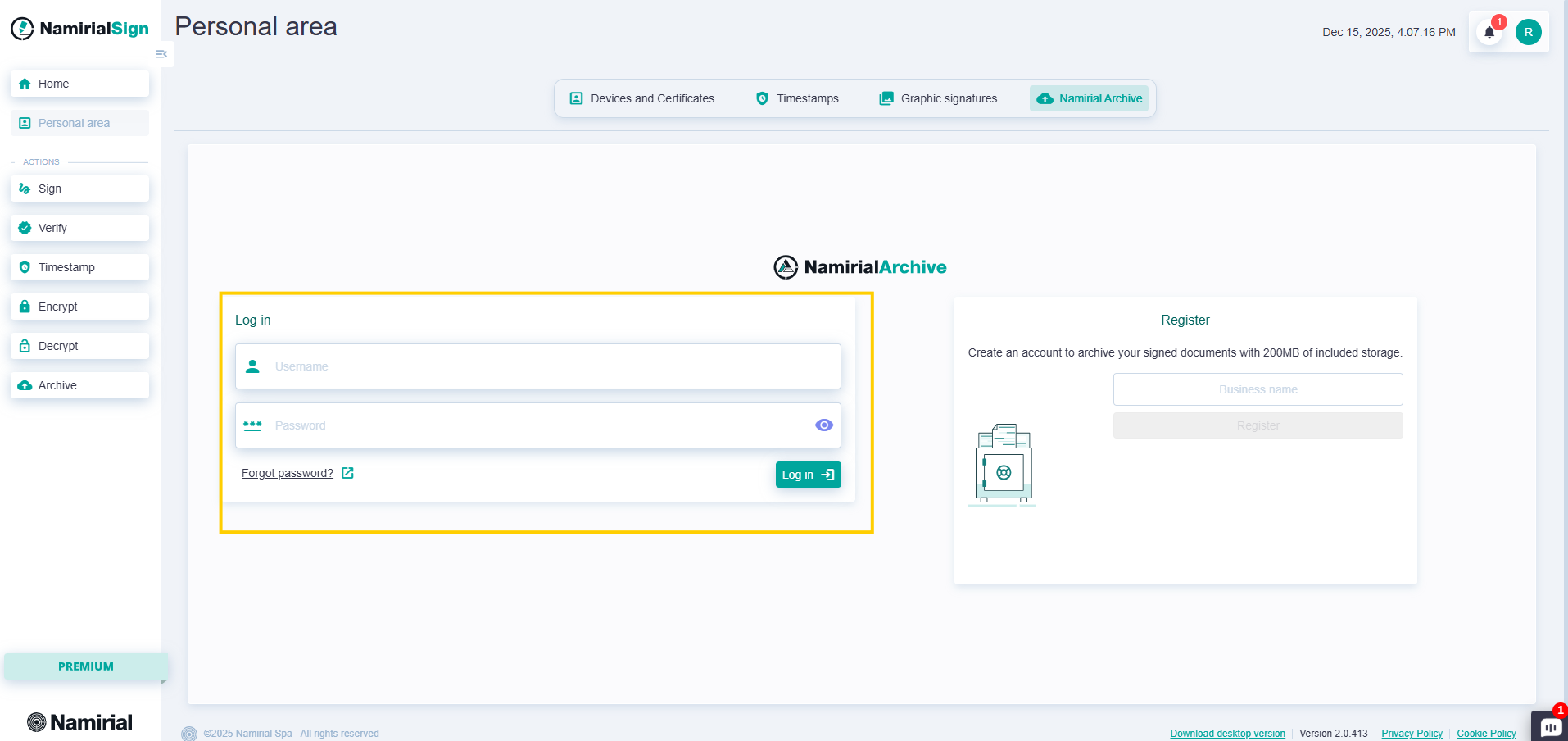 Namirial Archive - Login with username and password.