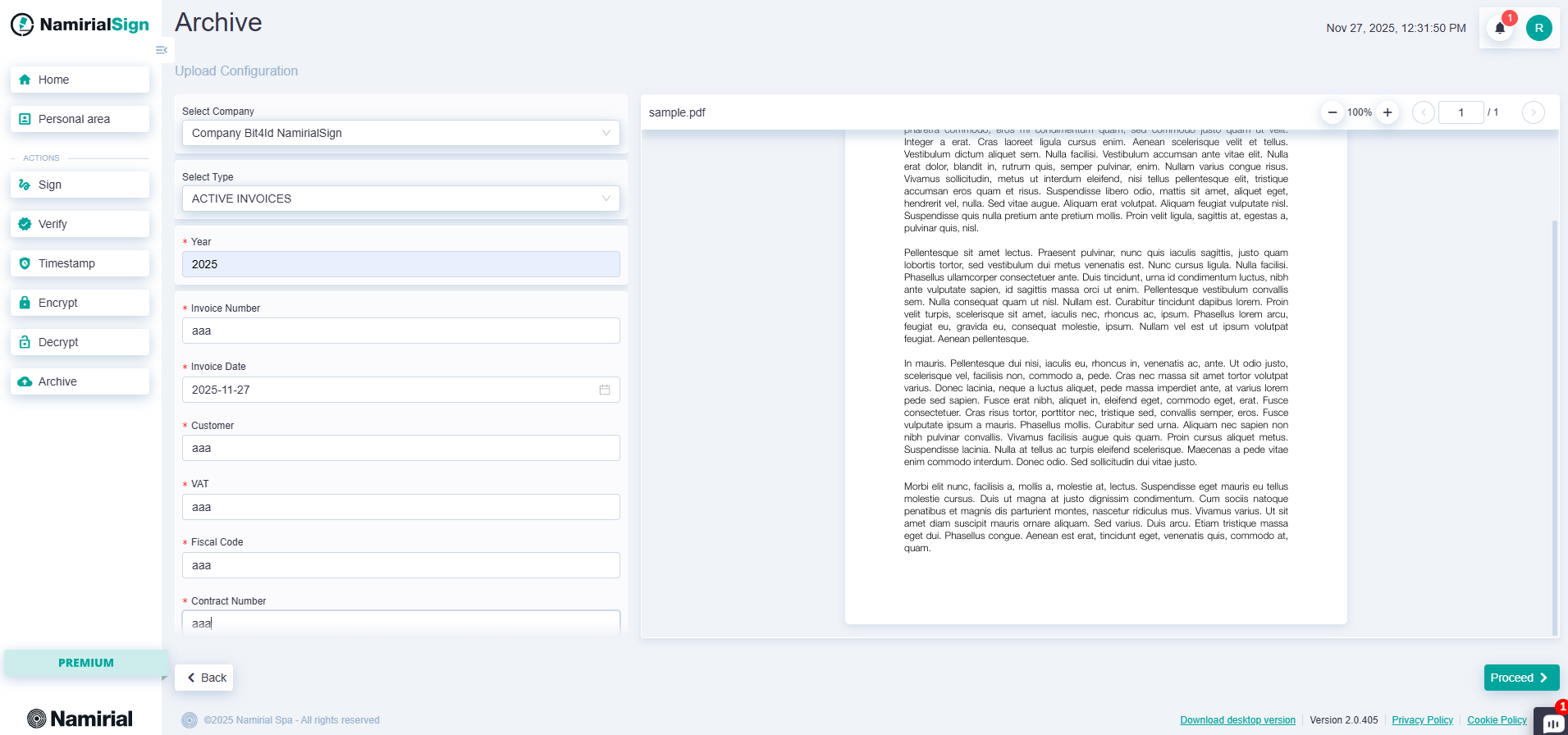Namirial Archive - Archive: Settings Selection.