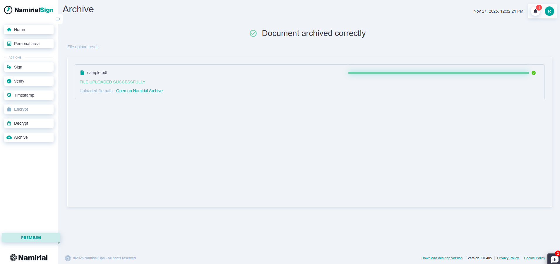 Namirial Archive - Archive: End of process.