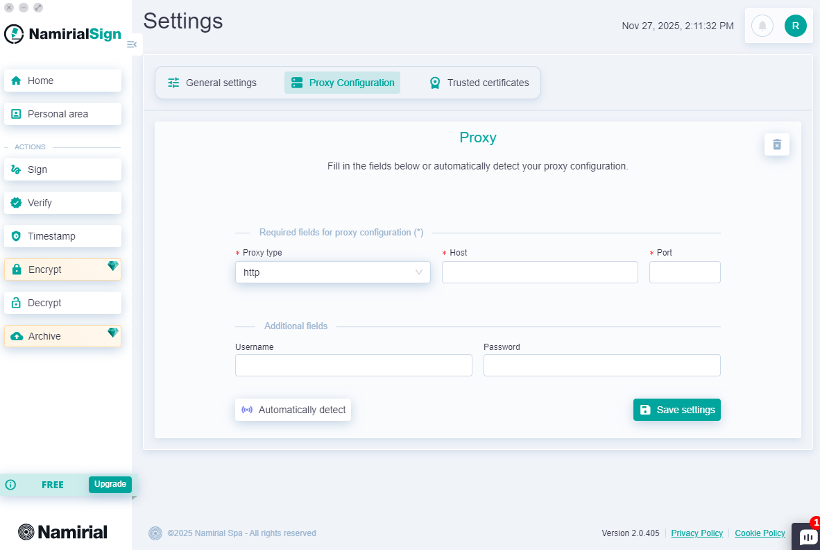 Settings - Proxy Configuration.