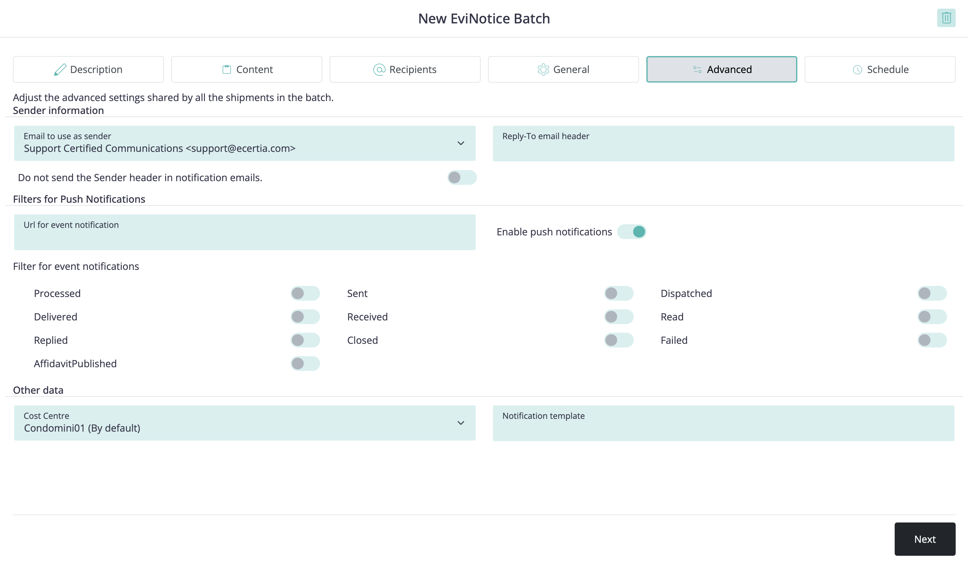 Example batch Advanced step from the New EviNotice Batch wizard showing sender information, push-notification filters, and other shared batch data