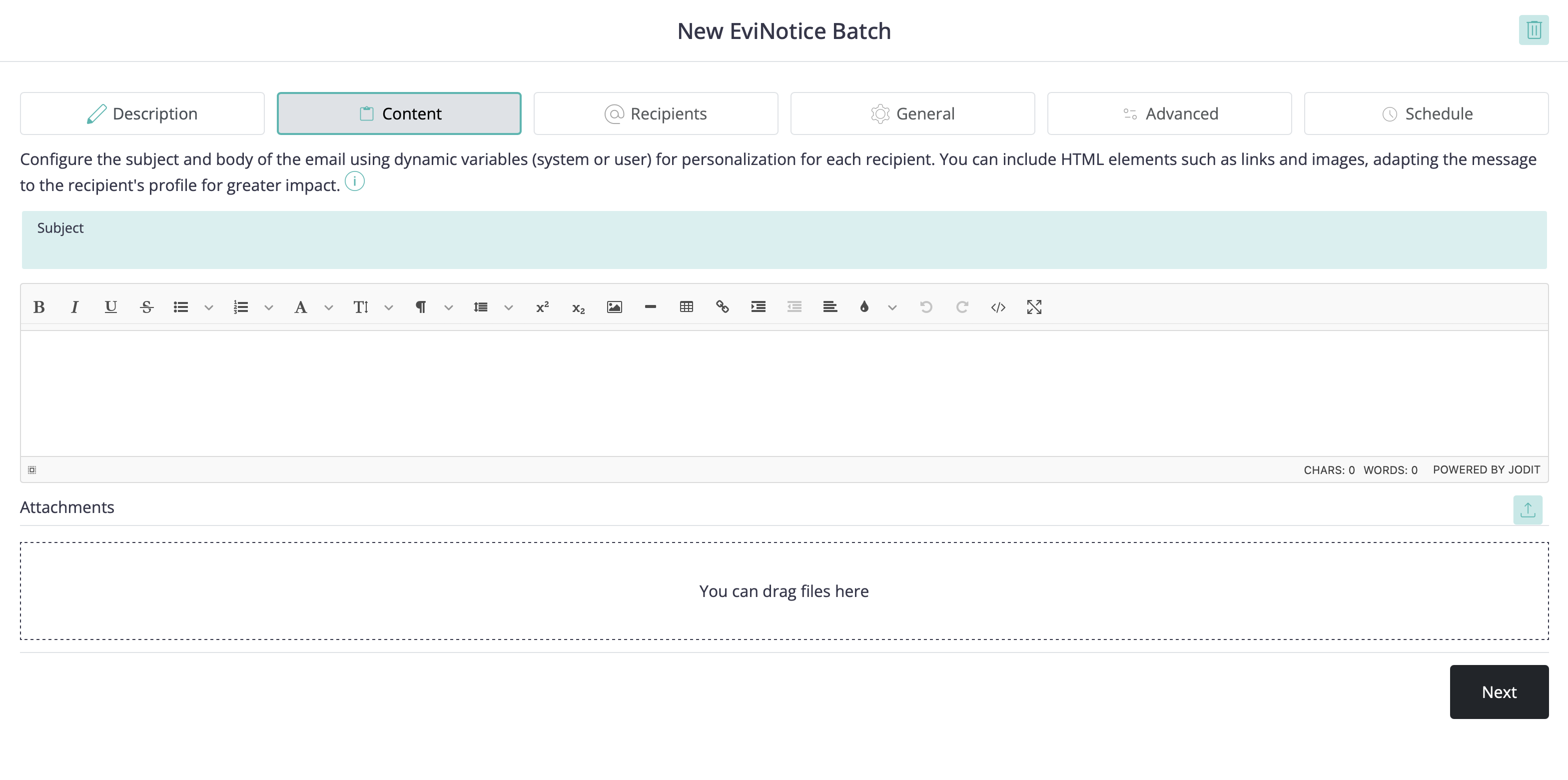 Example batch Content step from the New EviNotice Batch wizard showing the subject, editor, dynamic-variable guidance, and attachments area
