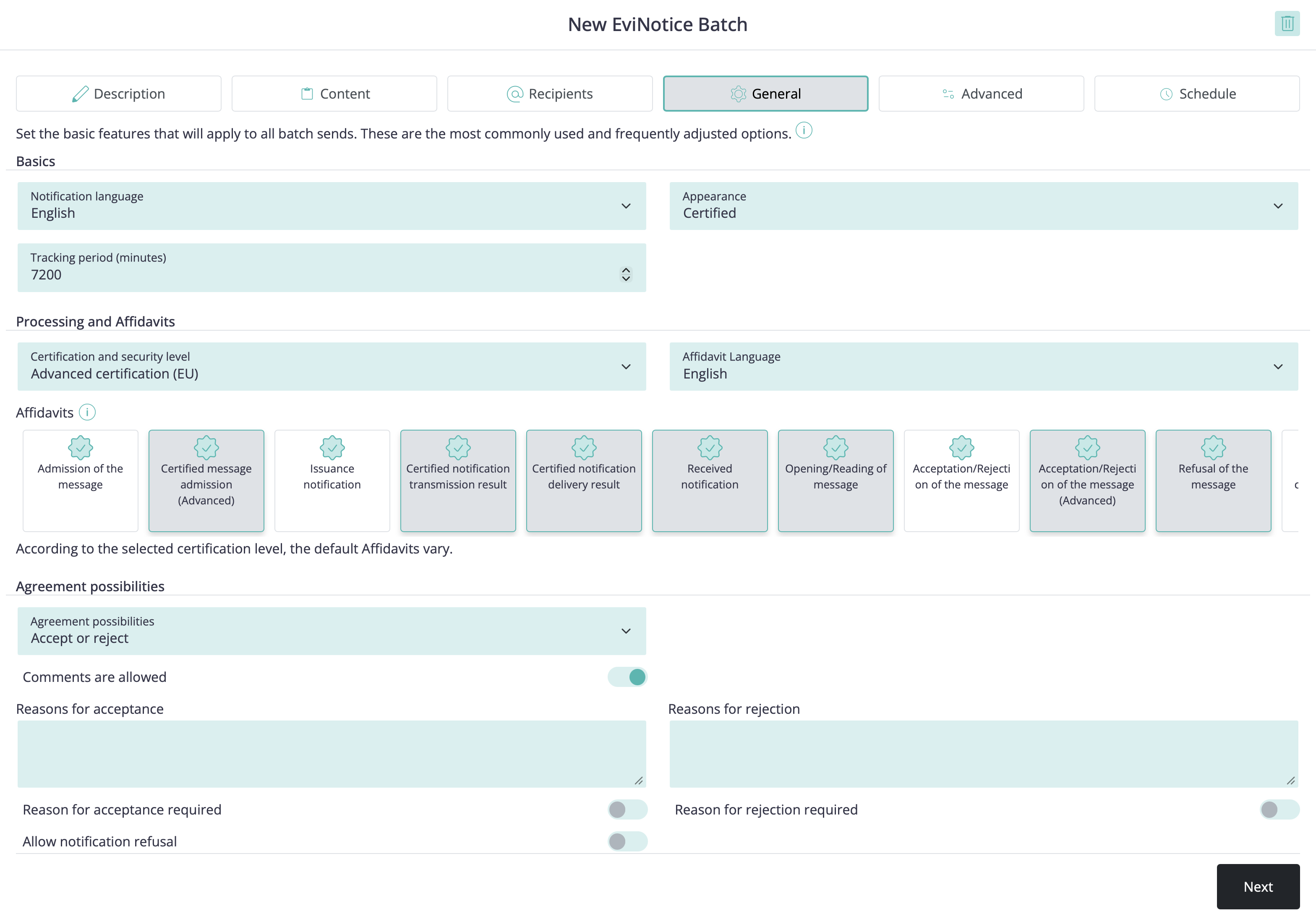 Example batch General step from the New EviNotice Batch wizard showing basic settings, processing and affidavits, and agreement possibilities