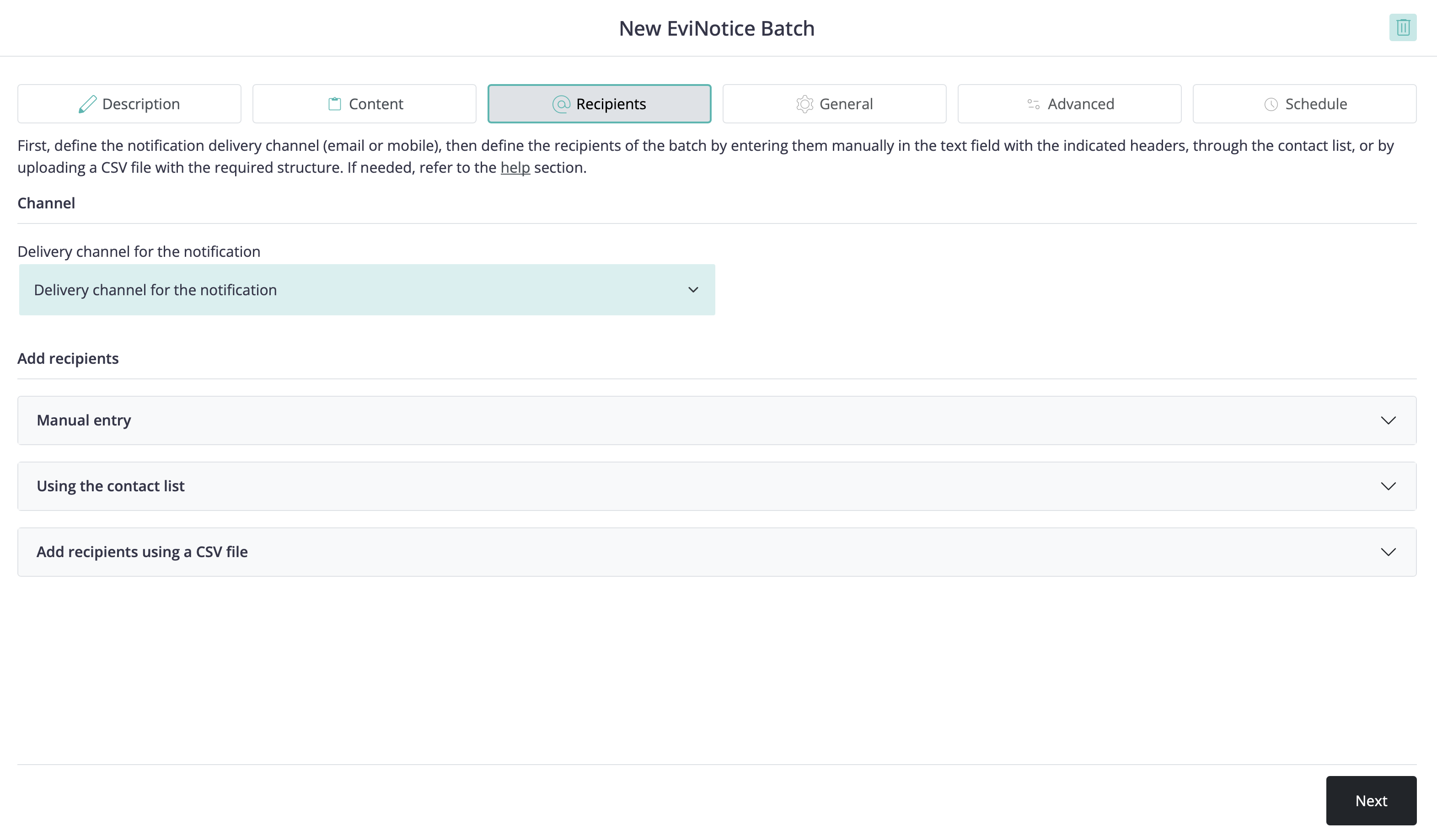 Example batch Recipients step from the New EviNotice Batch wizard showing the delivery channel selector and the manual, contact-list, and CSV recipient methods