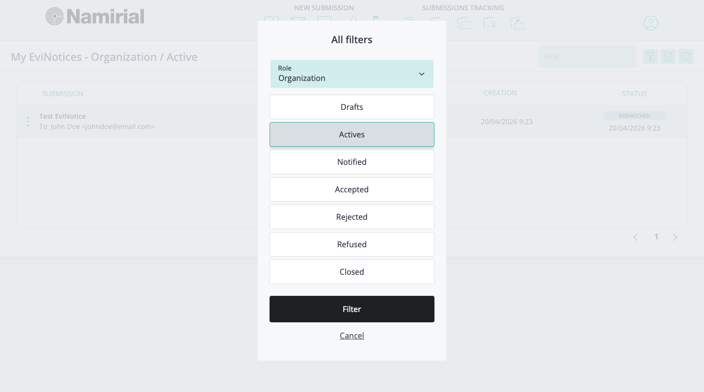 My EviNotices filter panel showing owner or organization scope and status tabs