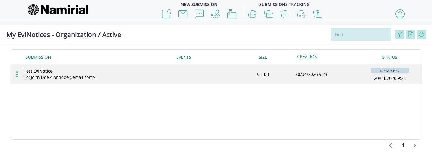 Navigation menu showing Submission tracking and My EviNotices