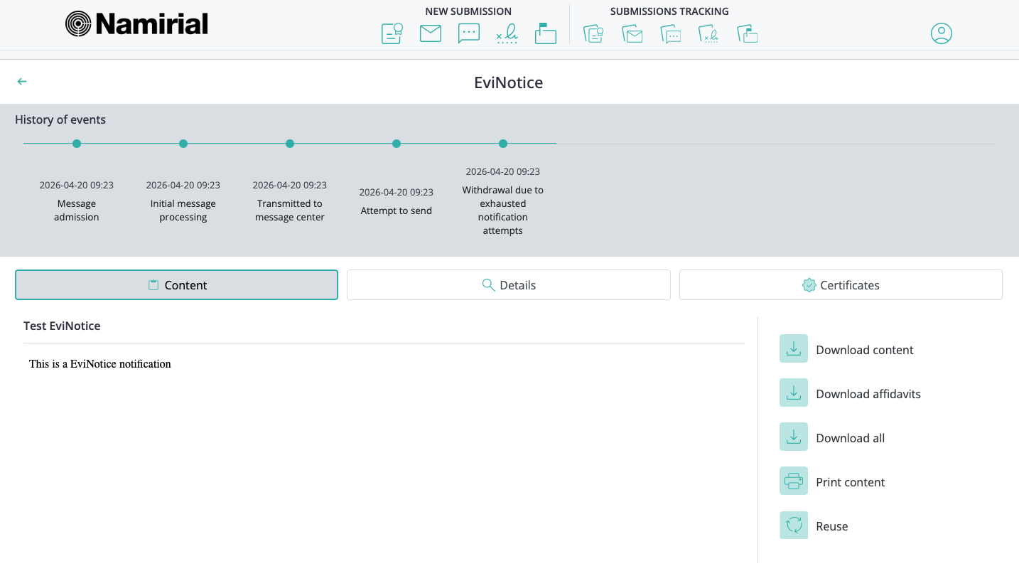My EviNotices row actions showing details and related quick actions