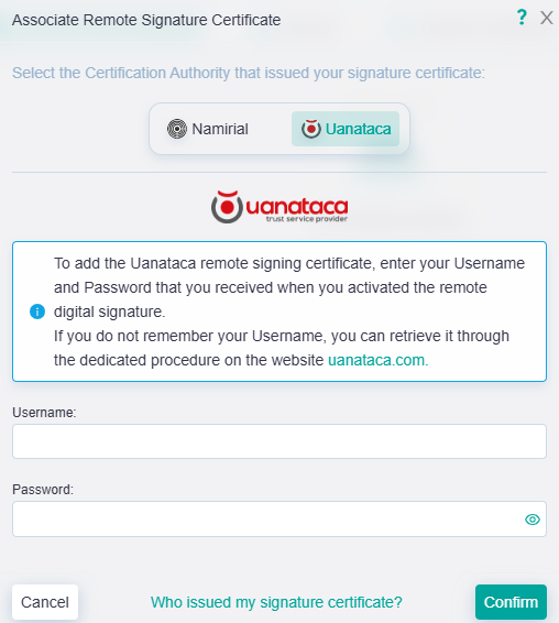 Personal Area - Devices and Certificates - Add remote signature.